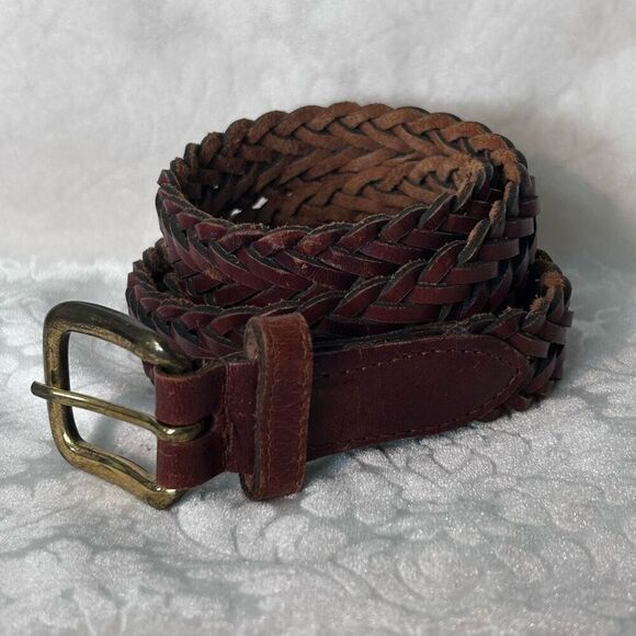 Vintage Leather Belt Unisex M/L Brown Braided Gold Tone Buckle Made In Uruguay - Picture 2 of 7